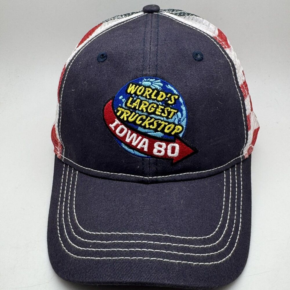 Iowa 80 Worlds Largest Truckstop Trucker Hat Cap Navy Flag Mesh